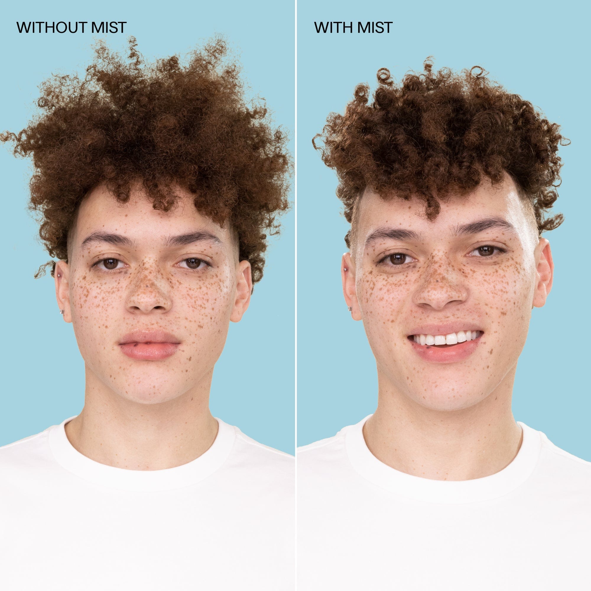 Model with short light brown coily hair with mist on the left, and same model image with mist on the right. Model is shot on a blue background.